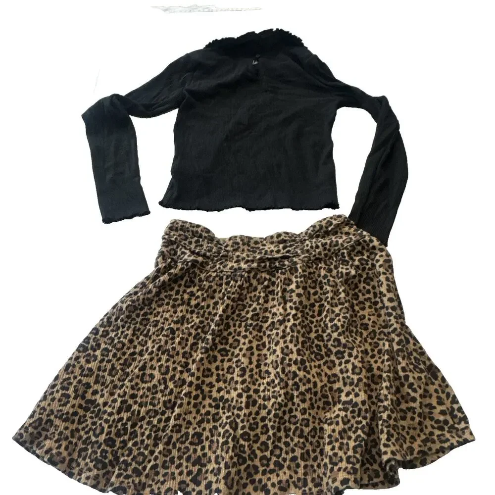 J.Crew Crewcuts Girls XL 12/14 Blouse Leopard Corduroy Skirt Set Bow Accents